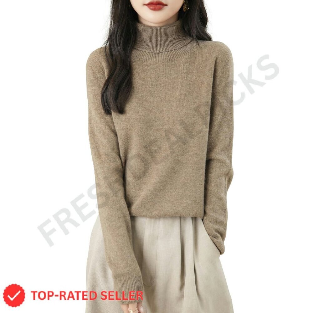 Merino Wool Turtleneck Sweater Seamless Knit Fall Winter Pullover Chic
